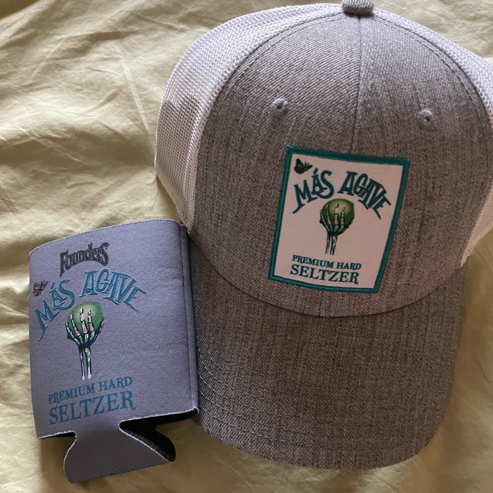 NWOT Tequila Gray and White Mesh Cap with Logo with added beverage koozie.